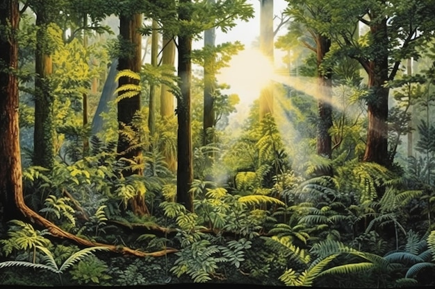 Pintura digital de bosque verde con rayos de sol y helechos