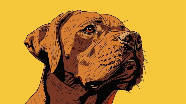 Una pintura digital de una cabeza de perro en perfil El perro tiene pelaje corto marrón y una constitución muscular El fondo es un color amarillo sólido