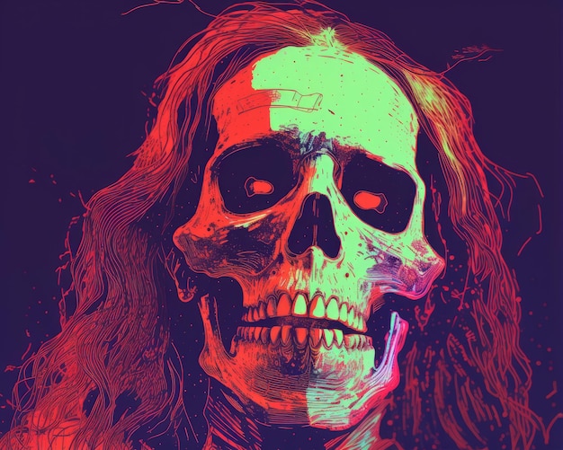 una pintura digital de una calavera con pelo largo