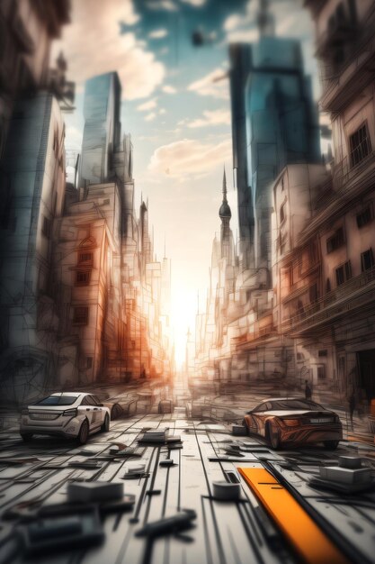 Una pintura digital de una calle de la ciudad con una escena callejera y un automóvil con las palabras velocidad.