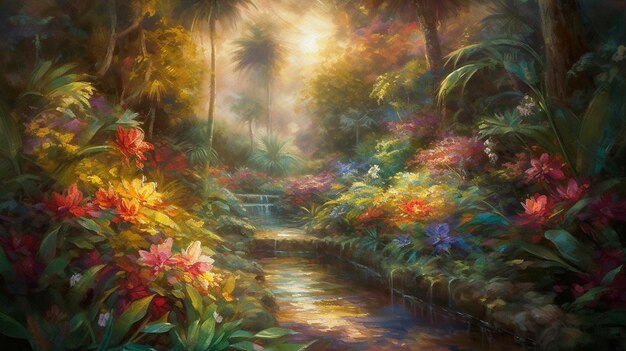 Pintura digital de camino en jardín tropical con flores de colores y luz solar