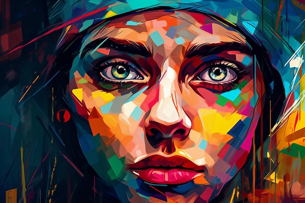 Pintura digital de la cara de una hermosa mujer joven con un colorido fondo abstracto