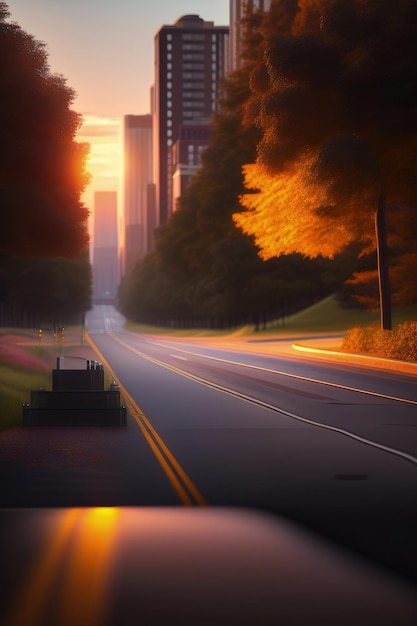 Una pintura digital de una carretera con una puesta de sol de fondo.