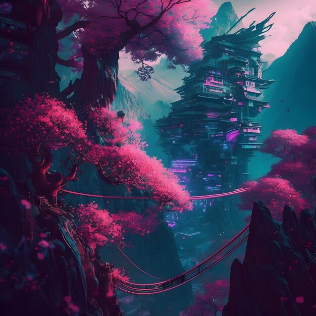 Una pintura digital de una casa con un árbol rosa en el lado izquierdo.