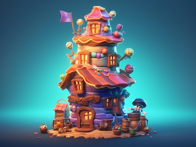 Una pintura digital de una casa con una casa de dulces.