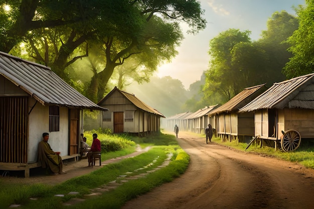 una pintura digital de casas en un camino de tierra con una mujer caminando por la carretera en el fondo.