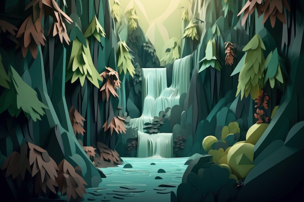 Una pintura digital de una cascada en un bosque.