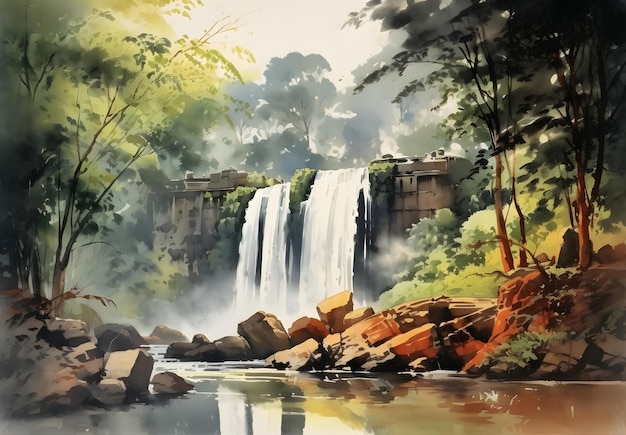 Una pintura digital de una cascada con una cascada al fondo.