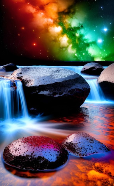 Una pintura digital de una cascada con una galaxia colorida en el fondo.