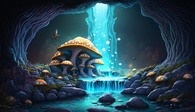 Una pintura digital de una cascada de hongos con un fondo azul y abejas voladoras.