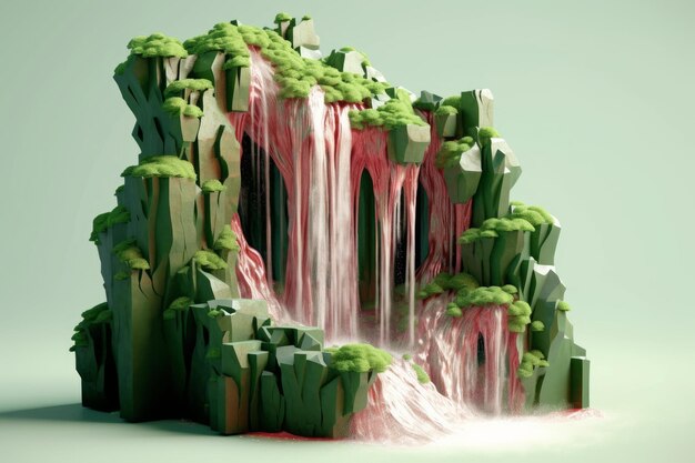 Foto una pintura digital de una cascada con musgo verde en la parte superior.