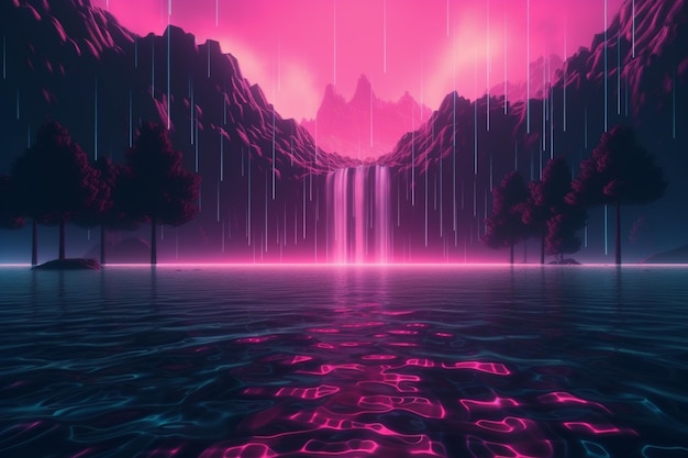 Una pintura digital de una cascada en rosa y morado.