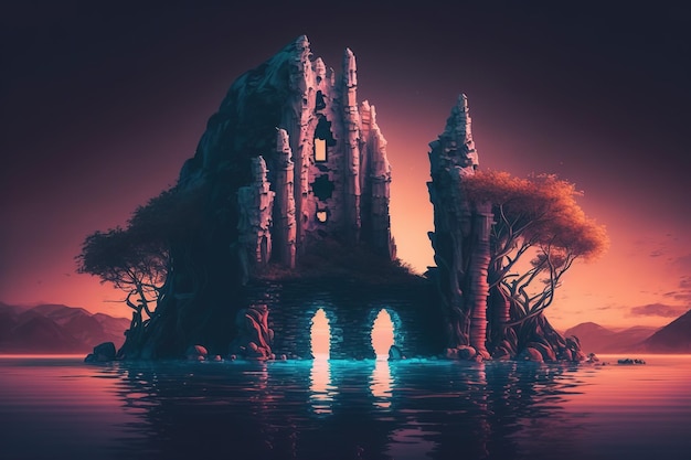 Una pintura digital de un castillo en el agua