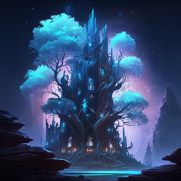 Una pintura digital de un castillo con un árbol en el medio.