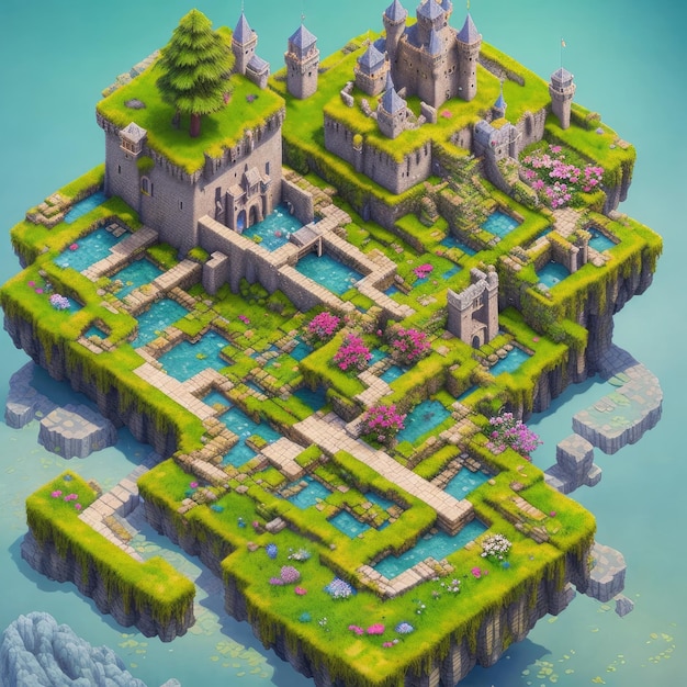 Una pintura digital de un castillo con un gran castillo en él.