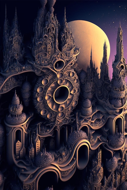 Pintura digital de un castillo con una luna de fondo ai generativo