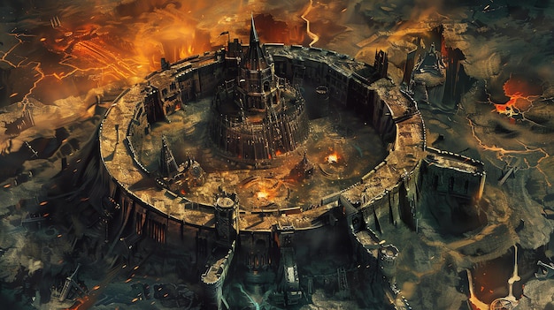 Foto una pintura digital de un castillo en ruinas el castillo está rodeado por un foso de lava y hay fuegos ardiendo dentro de las paredes