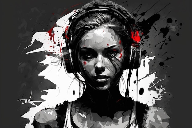 Una pintura digital de una chica con auriculares puestos.