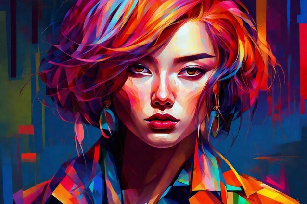 Pintura digital de una chica hermosa con maquillaje brillante Fondo colorido