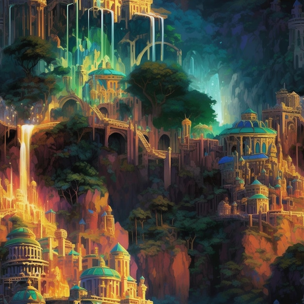 Una pintura digital de una ciudad con una cascada y un castillo.