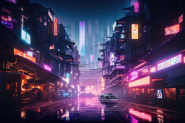 Una pintura digital de una ciudad con un coche en la carretera.