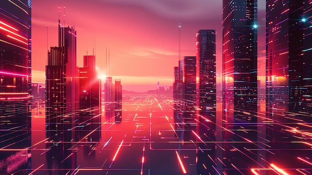 Foto una pintura digital de una ciudad futurista la ciudad está representada como una cuadrícula de rascacielos con cada edificio brillando con su propio color único
