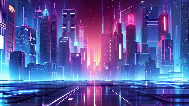 Una pintura digital de una ciudad futurista por la noche La ciudad está llena de altos rascacielos y luces brillantes