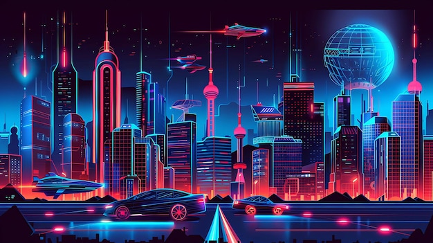 Una pintura digital de una ciudad futurista por la noche La ciudad está llena de edificios altos luces de neón y coches voladores