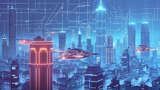 Foto una pintura digital de una ciudad futurista por la noche la ciudad está llena de edificios altos luces brillantes y coches voladores