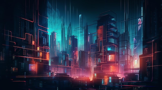 Una pintura digital de una ciudad con luces de neón y las palabras cyberpunk en la parte inferior.