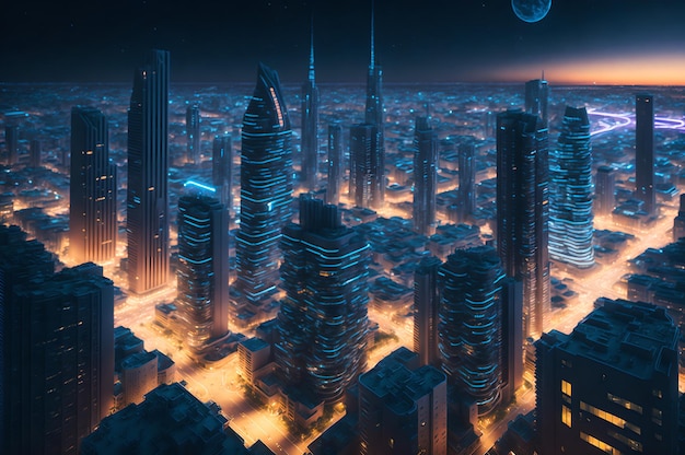 Una pintura digital de una ciudad con una luna de fondo.