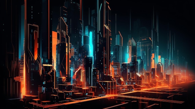 Una pintura digital de una ciudad con luz de neón.