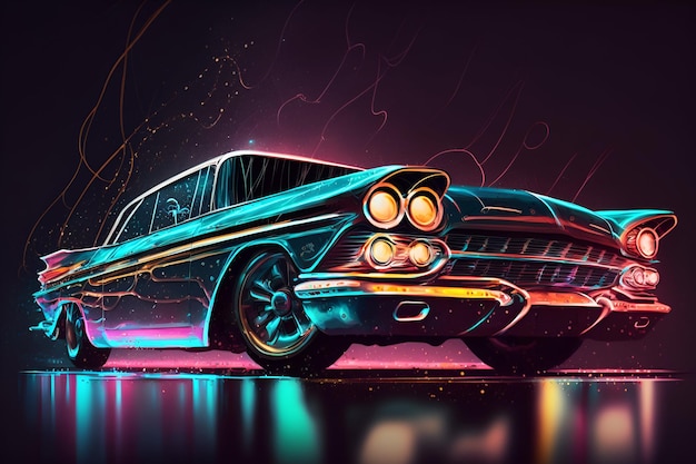 Pintura digital de un coche con luces de neón.