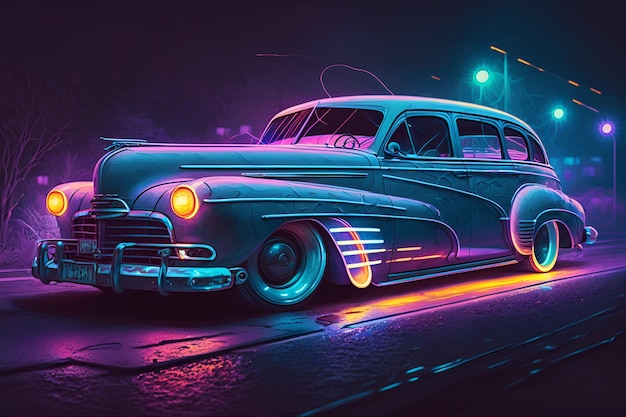 Pintura digital de un coche con luces de neón.