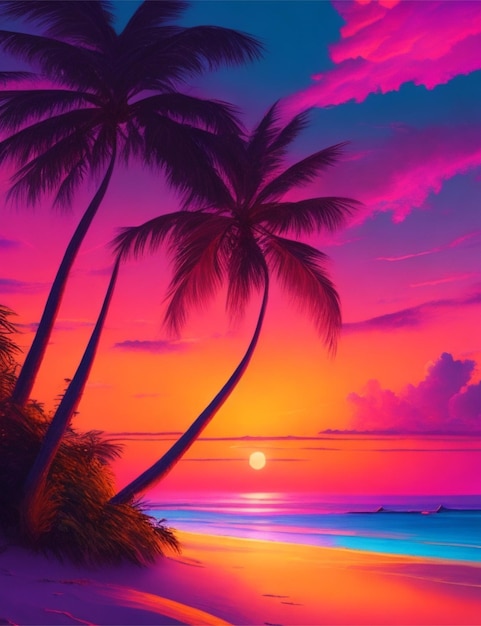 Una pintura digital colorida Una puesta de sol en una playa tropical con una palmera