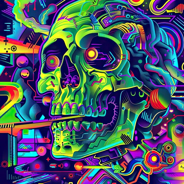 Una pintura digital de un cráneo en colores de neón