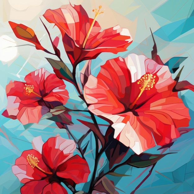 Pintura digital cubista vibrante de flores rojas