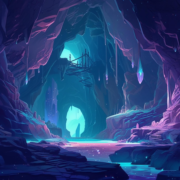 Una pintura digital de una cueva con un puente en el medio.