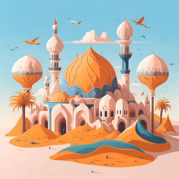 Pintura digital de aldeias e cidades árabes para ilustração de fundo do dia de celebração muçulmana