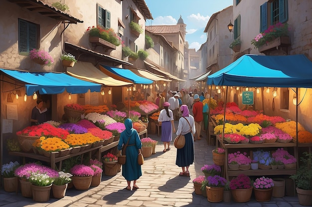 Pintura digital de barracas de flores de papoula em um mercado vibrante