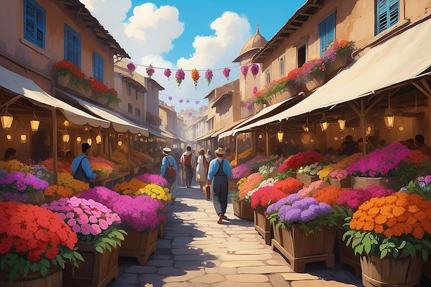 Pintura digital de barracas de flores de papoula em um mercado vibrante