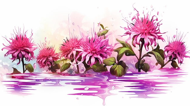 Pintura digital de flores de bálsamo de abelha em estilo aquarela