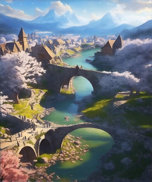 Pintura digital de fundo de anime uma cidade escondida na natureza