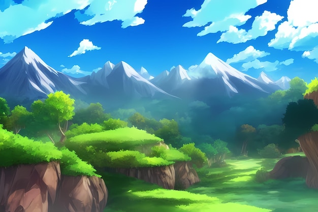 Pintura digital de ilustração de cena de paisagem com verde montanhas colinas prados céus azuis