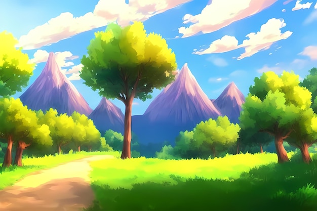 Pintura digital de ilustração de cena de paisagem com verde montanhas colinas prados céus azuis