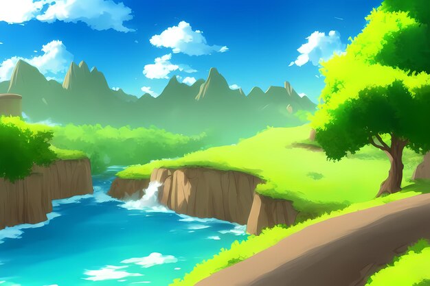 Pintura digital de ilustração de cena de paisagem com verde montanhas colinas prados céus azuis