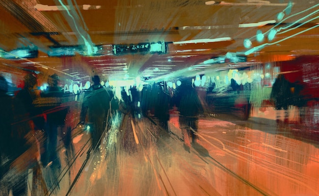 Foto pintura digital de movimento borrou pessoas andando no terminal