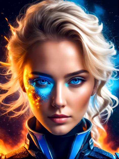Pintura digital de mulher com olhos azuis e estrela no rosto