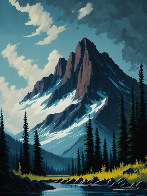 Pintura digital de neve e montanhas