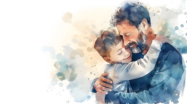 Pintura digital de pai e filho abraçados em frente a um fundo branco Abraço de Conforto Uma representação a aquarela